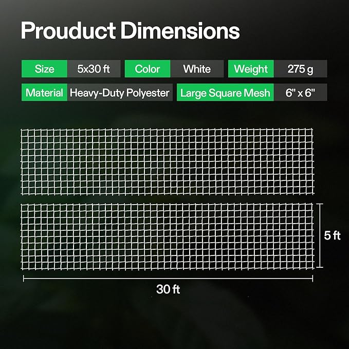 VIVOSUN 5 x 30 ft. Plant Trellis Netting, Heavy-Duty Polyester Grow Net, Garden Trellis Netting with Square Mesh for Climbing Plants, Vegetables, Fruits, and Flowers, 2-Pack