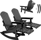 YEFU Adirondack Rocking Chairs Set of 2, with Footrest, All-Weather, Black | 5- Level Adjustable Backrest, Retractable Ottoman & Cup Holder, Like Real Wood, for Outdoor/Patio/Porch, Heavy Duty, 400 lbs