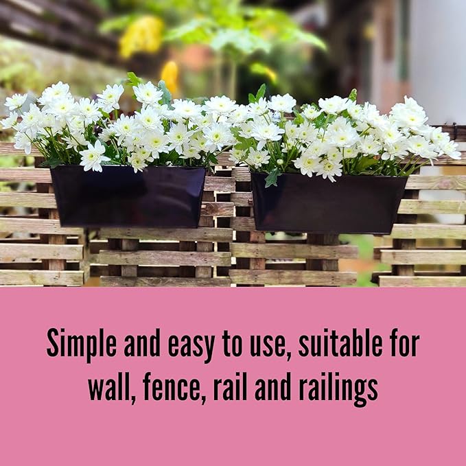 LaLaGreen Outdoor Rail Planter (6 Pack, 16 Inch) Large Black Metal Wall Hanging Strawberry Flower Pots, Rectangle Balcony Deck Railing Fence Rectangular Plant Holder Outside Patio Porch Decoration