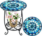 Outdoor Side Table Round Small Mosaic Patio Accent Indoor End Plant Coffee Tea Table for Yard Patio Porch Garden Living Room, Bedroom(Mandala Style,12 Inch)