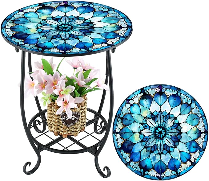 Outdoor Side Table Round Small Mosaic Patio Accent Indoor End Plant Coffee Tea Table for Yard Patio Porch Garden Living Room, Bedroom(Mandala Style,12 Inch)