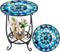 Outdoor Side Table Round Small Mosaic Patio Accent Indoor End Plant Coffee Tea Table for Yard Patio Porch Garden Living Room, Bedroom(Mandala Style,16 Inch)
