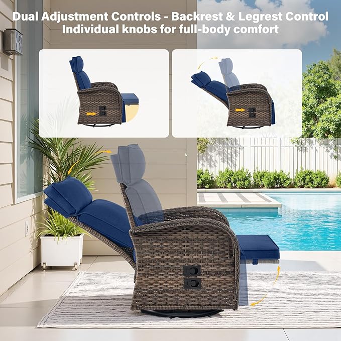 Belord Dual-Adjust Swivel Outdoor Recliner Chair Set of 3 - Reclining Patio Chair with Adjustable Backrest and Footrest, All-Weather Wicker Chaise Lounge Outdoor with Side Table for Pool Deck Brown