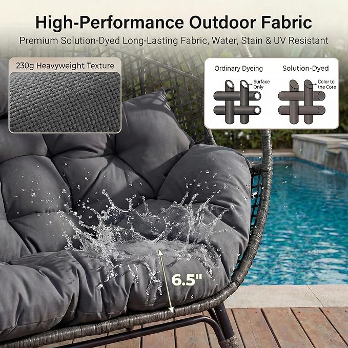 NICESOUL Indoor Outdoor Double Egg Chair with Footrest Padded Cushion, Oversized Wicker Twin Egg Shaped Chair Wide Seater with Ottoman, 2 People Loveseat Gray for Patio Porch Balcony
