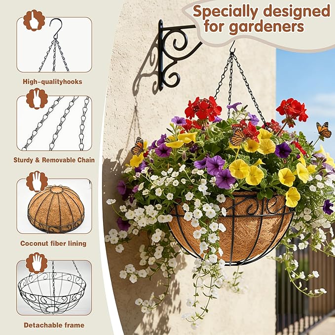 10 inch Metal Hanging Baskets For Plants Outdoor 4 Pack Round Metal Wire Hanging Basket Planter with Coco Fiber Liners Chain Round Wire Plant Holder for Garden, Patio, Deck, Porch Plants Flower Potsss