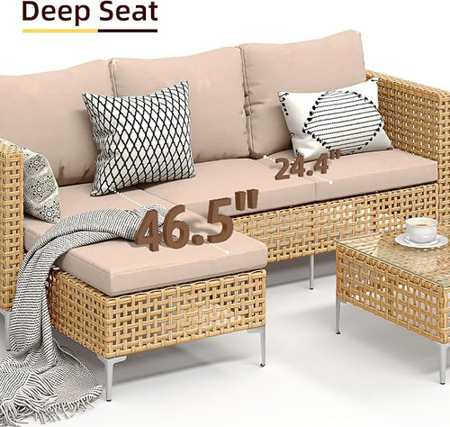3-Piece L-Shaped Patio Furniture Set - Weather Resistant Wicker Sectional Sofa with Thick Cushions & Coffee Table for Small Spaces (Yellow/Beige)