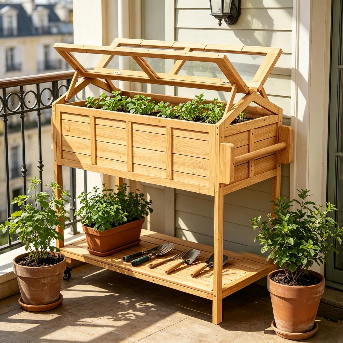 raised garden bed elevated planter box w/legs cover shown in use