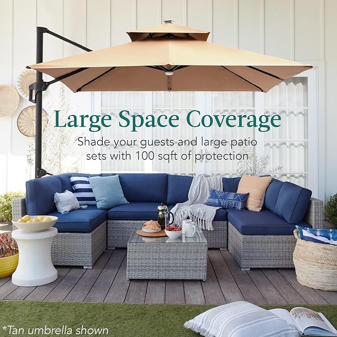 Best Choice Products 10x10ft Cantilever Patio Umbrella w/Base Included, Solar LED Lights 360 Rotation Large Offset Hanging Outdoor Shade for Deck Pool Backyard w/Stand – Black