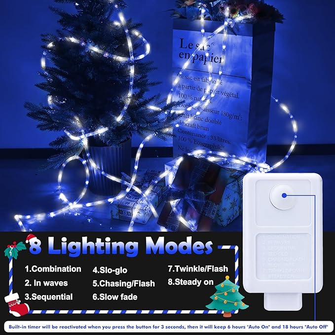 50ft LED Rope Lights Outdoor, 360 LED Connectable and Flexible Tube Lights with 8 Modes, Waterproof LED Rope Lighting for Garden Patio Bedroom Party Pool Indoor Outdoor Christmas Decor (White & Blue)