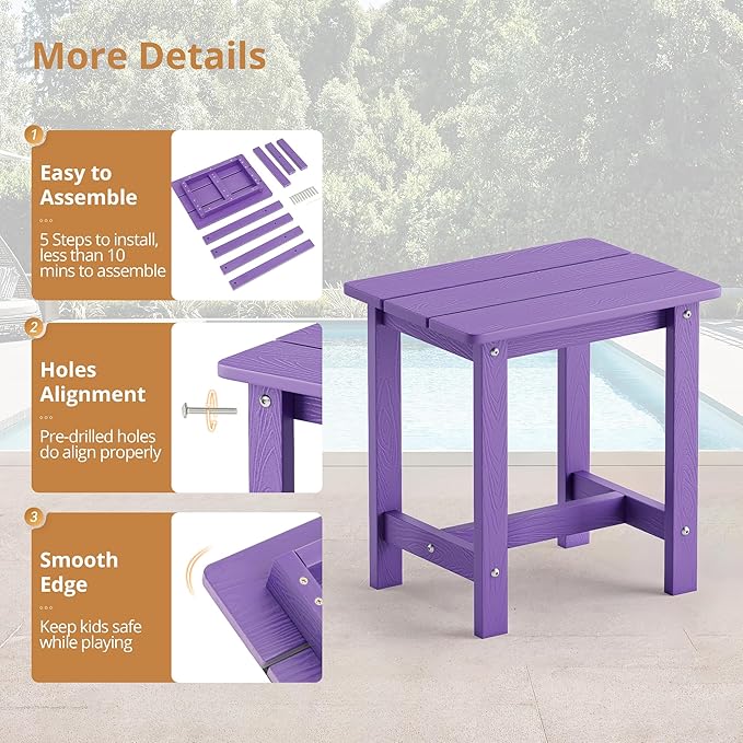 LUE BONA Outdoor Side Table, HDPS Small Outdoor Adirondack Side Tables, Outside End Table for Patio, Porch, Deck, Pool, Weather Resistant/Easy Maintenance,Purple