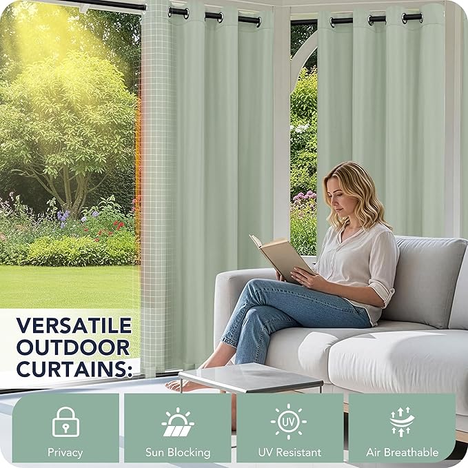 Outdoor Curtains for Patio Waterproof 6 Panels - Windproof, Privacy, Weatherproof Outside Drapes for Gazebo Pergola Porch, Grommet Top and Tab Bottom, 54x84 Inch, Sage Green