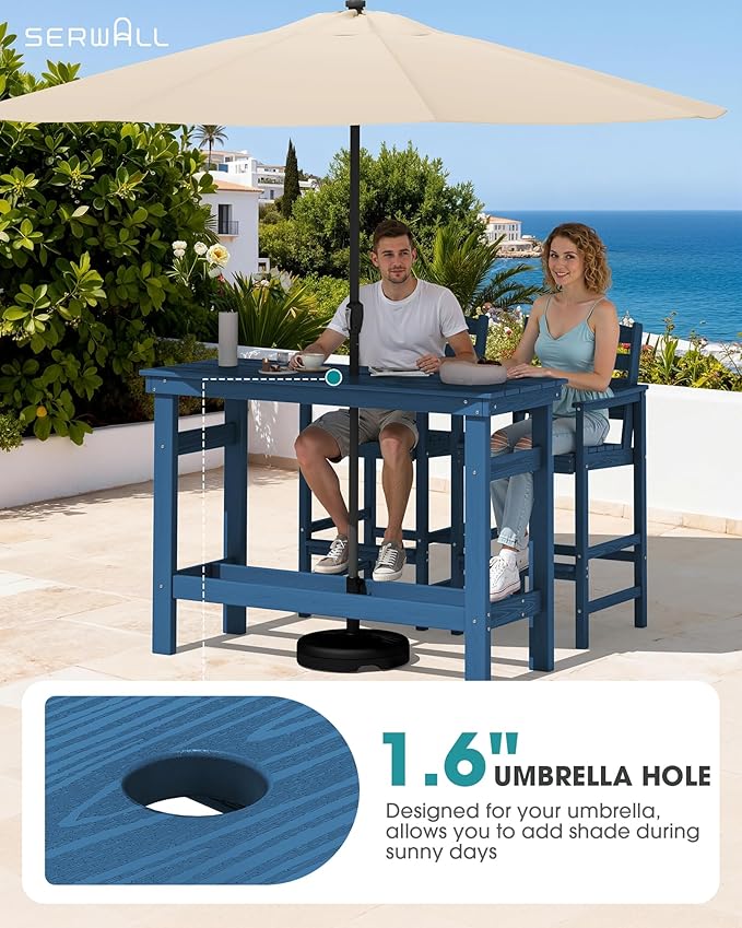SERWALL Outdoor Bar Set - 4 Adirondack Bar Chairs & Bar Height Table with 1.6" Umbrella Hole, All-Weather HDPE Patio Furniture for Poolside, Backyard, Garden - Blue