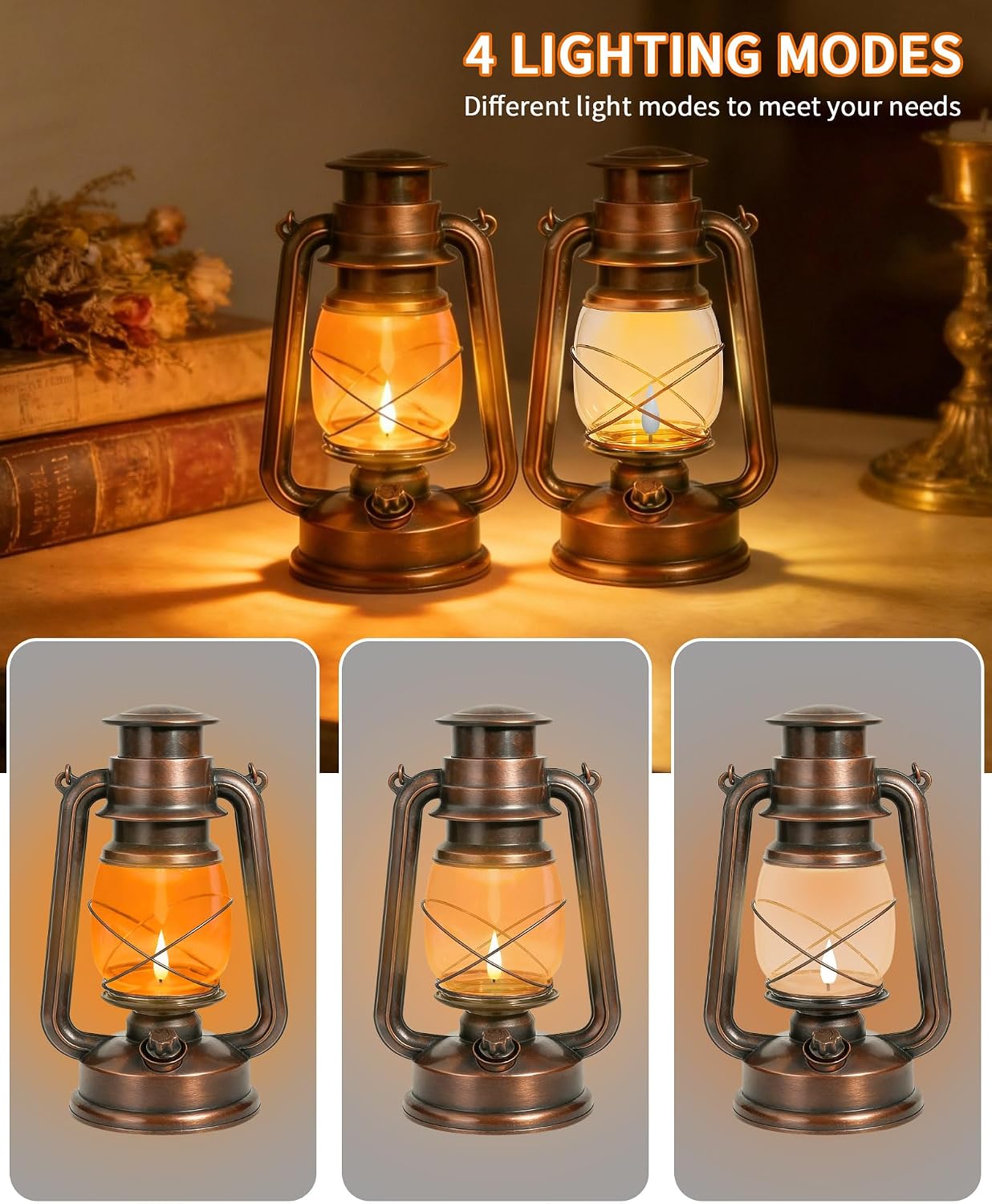 Double Mode Flame Retro Lantern, Battery Operated Vintage LED Candle Light, Adjustable Brightness, Waterproof IP65, Home, Garden & Camping Decor – 2 Pack