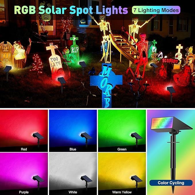 Solar Color Changing RGB Spot Lights Outdoor, 10 Pack/7 Lighting Modes Multicolor Outdoor Lights for Yard Waterproof IP68, Halloween Christmas Solar Landscape Powered Lights Garden Pathway