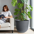 WORTH Garden Round Large Planter Pot 1-Pack - 17.5" Dia x 15.5" H - Durable Plastic Grey Plant Tree Pots with Vertical Stripe Textured Finish, Drainage Hole for Indoor, Outdoor, Front Porch, Patio