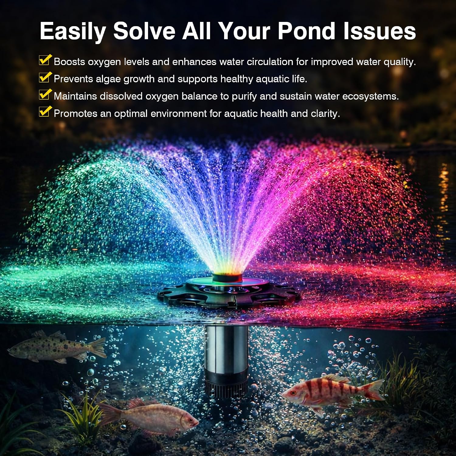 Pond Fountain Aerator, LED RGB Multicolor Aerator Floating Fountain Light, 750W 1HP 15000 GPH Floating Pump,IP68,for Ponds & Lakes