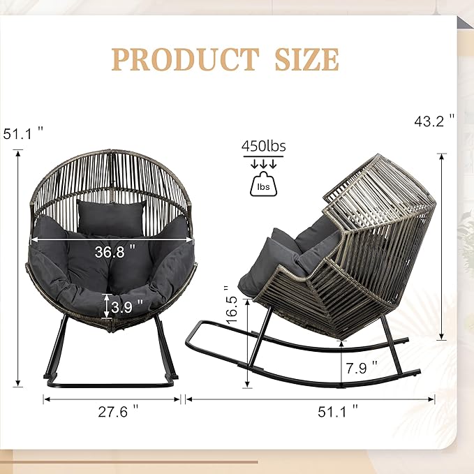 Vongrasig Wicker Egg Chair PE Rattan Rocking Chair with Cushion, Oversized Patio Lounge Rocker Chair for Outdoor, Indoor, Balcony, Backyard, Garden, Black/Rattan