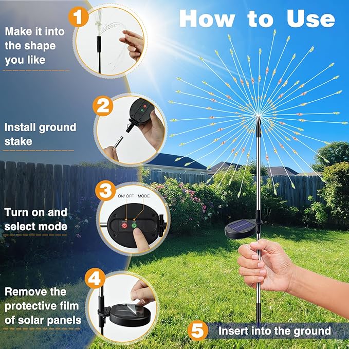 btfarm 1 Pack Solar Garden Lights Outdoor, 8 Modes Firework Lights Solar Powered, Waterproof Twinkle Fairy Light Outside for Yard Patio Pathway Pool Christmas Party Decorative, Warm White