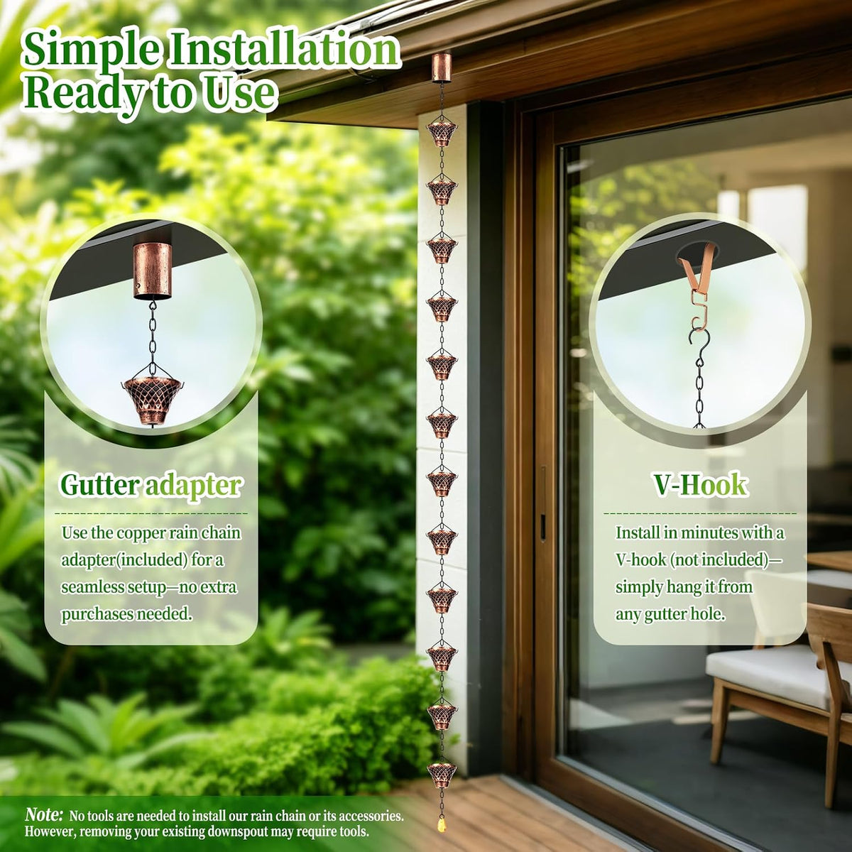 rain chains for gutters outside copper with adapter on a desk or shelf