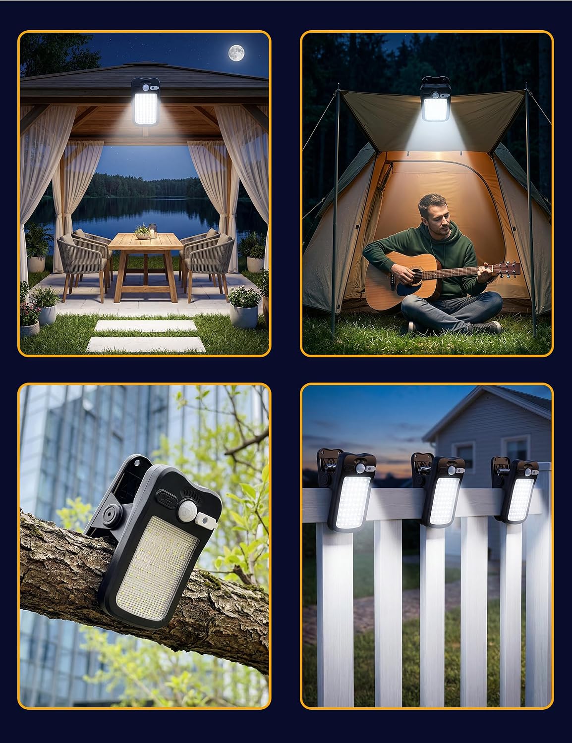 4 Pack Clip On Solar Lights Outdoor - Waterproof Solar Clip Light with Motion Sensor, USB & Solar Powered Clamp Lights for Fence Garage Gutter