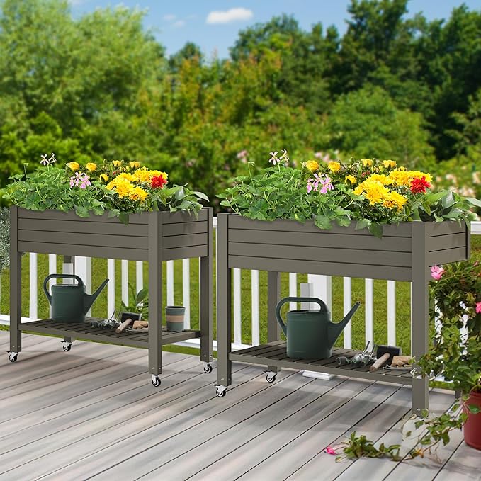 YITAHOME 43.3x17.7x34 in Elevated Garden Bed 2pcs, Outdoor Plastic Planter Box with Wheels, Legs, Drain Plug, and Storage Shelf for Plants, Vegetables, Flowers, Herbs, Light Brown