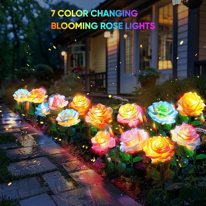 8 Pack Solar Flowers Lights Outdoor Waterproof for Garden Decor, Solar Garden Lights for Outside, Outdoor Solar Lights for Yard with Solar Rose Lights, Yard Decorations
