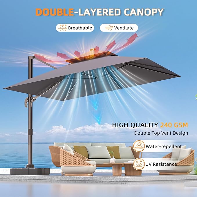9' X 12' Cantilever Outdoor Patio Umbrellas Double Top Large Rectangle Umbrella Heavy Duty 360°Rotation Offset Umbrella for Garden Deck Pool Patio,Grey