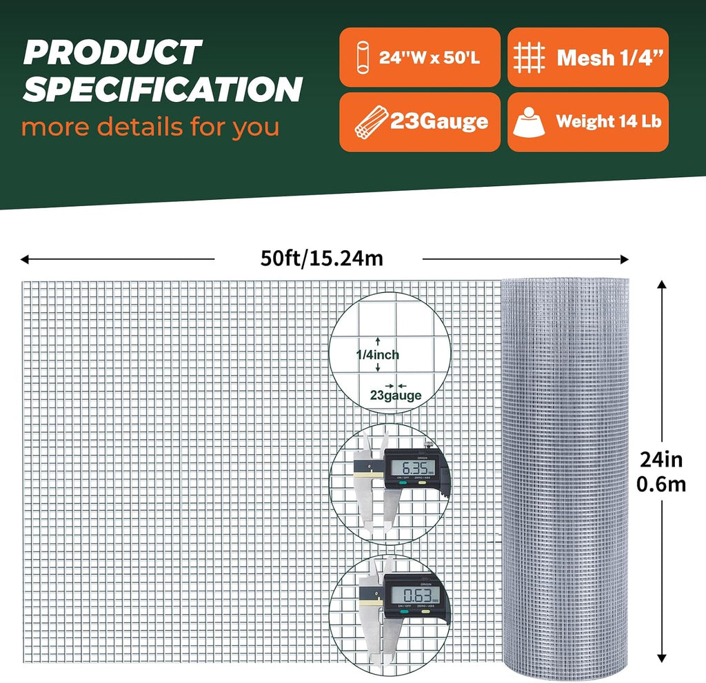 1/4'' 24'' X 50' Hardware Cloth, Chicken Wire Fencing Double Layer Hot Dip | Galvanized Wire Mesh Fence Chicken Rabbit Snake Cage Wire Fence Mesh Roll, for Chicken Coops, Fencing, Garden Protection