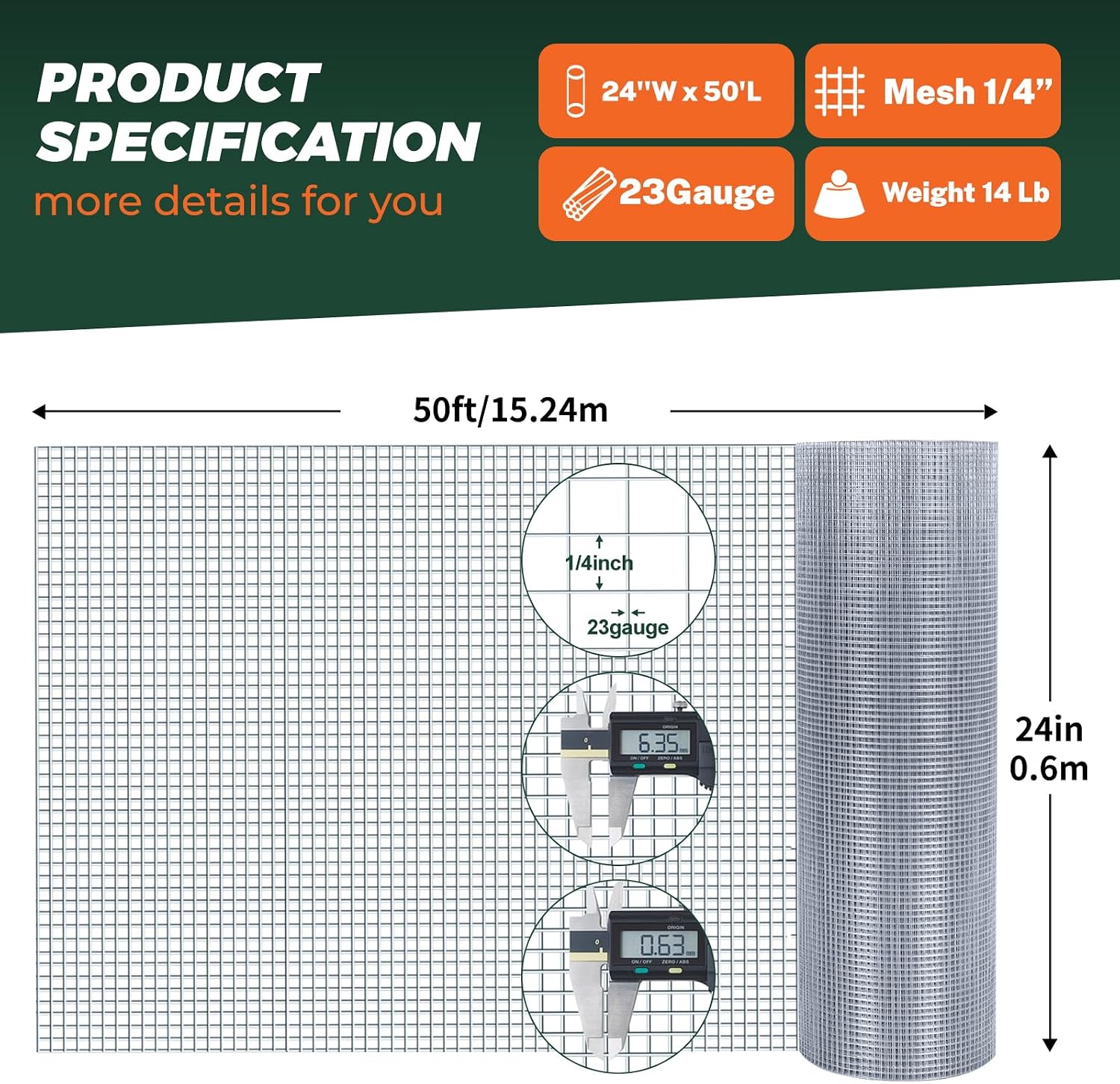1/4'' 24'' X 50' Hardware Cloth, Chicken Wire Fencing Double Layer Hot Dip | Galvanized Wire Mesh Fence Chicken Rabbit Snake Cage Wire Fence Mesh Roll, for Chicken Coops, Fencing, Garden Protection