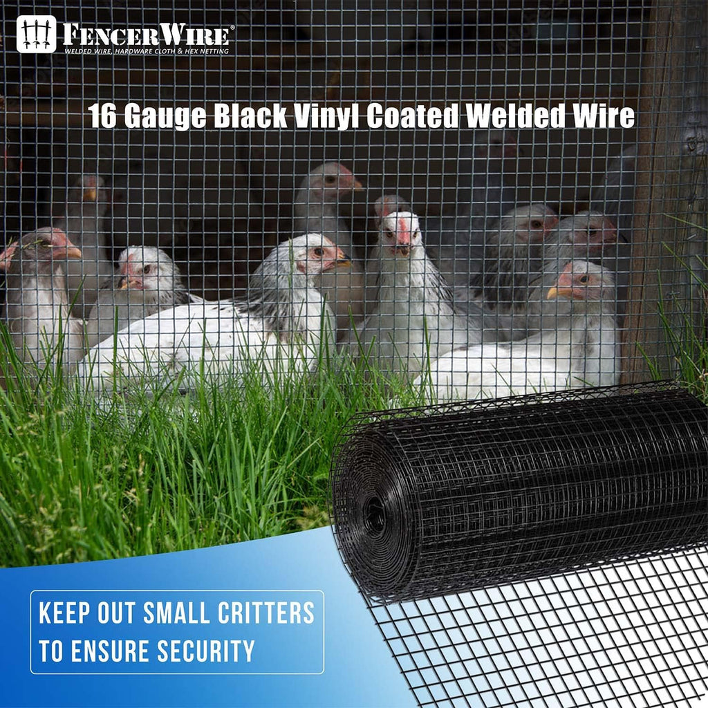 Fencer Wire 1.5-Inch x 1.5-Inch Grid Hardware Cloth, 16 Gauge Black Vinyl Coated Welded Wire Mesh for Home and Garden, Great for Home Improvement and Home Guard Project