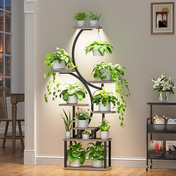 Plant Stand Indoor with Grow Lights - 62" Tall Plant Shelf, Lighted Corner Plant Stands for Indoor Growing, 8 Tiered Large Flower Holder, S-Shaped Decorative Rack for Living Room, Patent Design, Grey