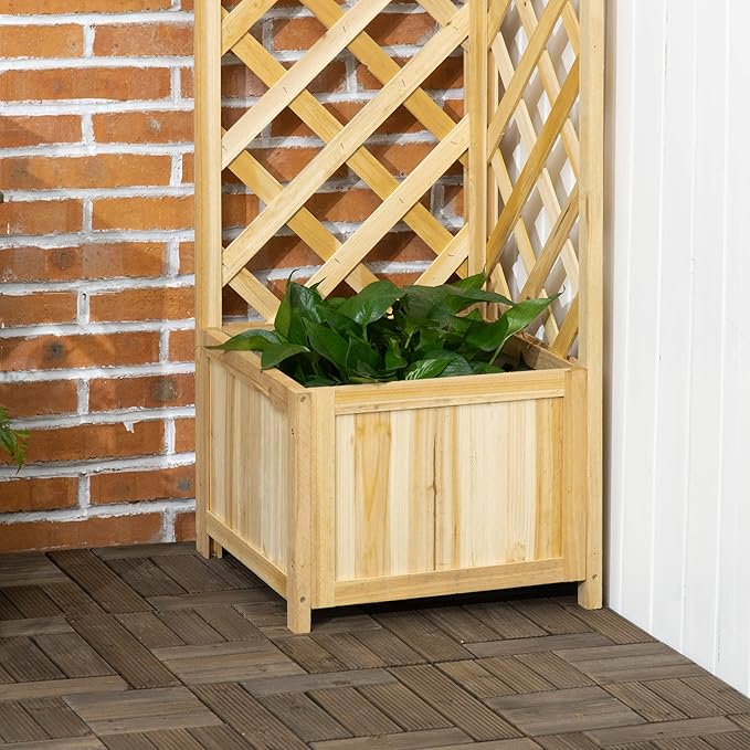 Outsunny Wooden Raised Garden Bed with Trellis, 57" Freestanding Corner Planter Box for Vine Plants Flowers Climbing and Planting Natural