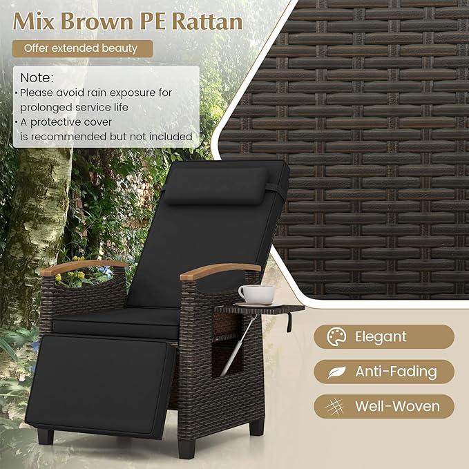 RELAX4LIFE Rattan Outdoor Recliner Chair - Wicker Chaise Lounge Chair w/Adjustable Back & Footrest, Acacia Wood Armrests, Flip Side Table, Cushion, Reclining Patio Chair for Pool Yard (1, Black)