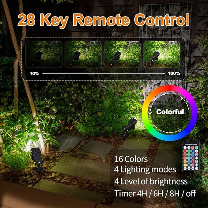 Christmas RGB Spot Lights with Timer, Halloween 10W 120V Color Changing Outdoor Metal Case Landscape SpotLights IP65 Waterproof Spotlight with Stake Stand for Yard Garden Lawn Patio, 4 Lights