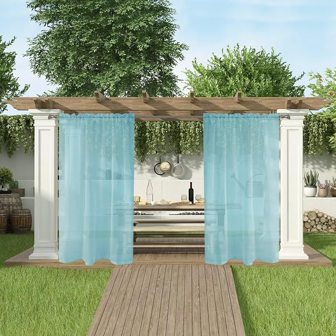 SpaceDresser Waterproof Outdoor Sheer Curtains for Patio - 2 Panels Rod Pocket Indoor Voile Sheer Curtain for Living Room,52W x 108L inch, Aqua