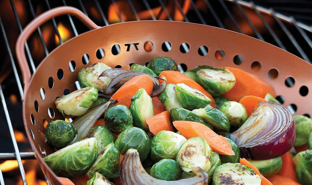 Outset Grill Wok With Holes, Copper Non-Stick, Round With Handles