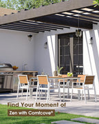 Outdoor Patio Dining Table, Aluminum & HDPS Outdoor Table with Umbrella Hole, All-Weather for Deck, Garden, Lawn, Backyard, Poolside (White & Teak)