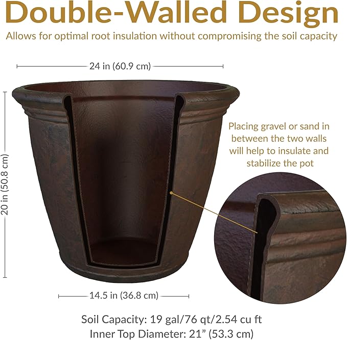 Sunnydaze 24-Inch Anjelica Large Plastic Pot for Plants - Outdoor Double-Walled Large Plastic Planter with Drillable Drainage Holes - Rust - 3pk