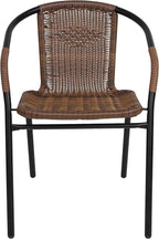 EMMA + OLIVER Set of 2 Modern Rattan Indoor/Outdoor Stack Chairs, Stacking Rattan Patio Chairs with Curved Back and Cross Bracing, Brown