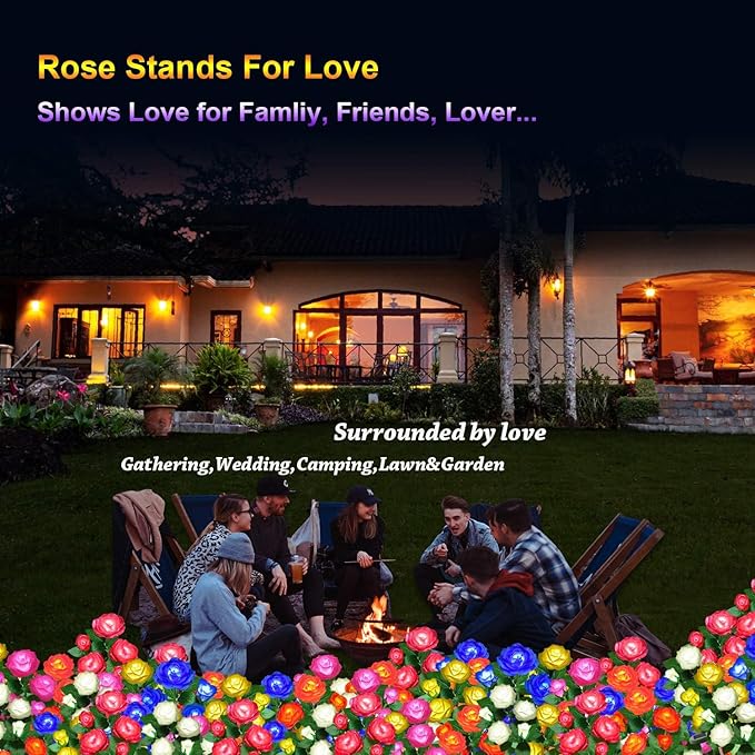 Solar Flower Lights Outdoor - Upgraded New Material Two Modes Realistic LED Solar Powered Waterproof Lights with 5 Roses, Solar Decorative Stake Lights for Garden (Blue, 4 Pack)