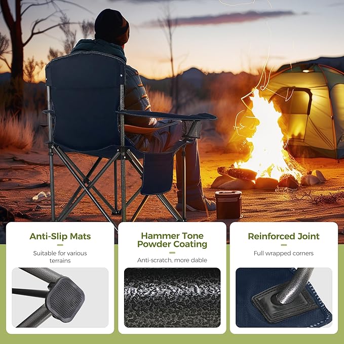 ALPHA CAMP Heavy Duty Camping Chair 500LBS Capacity, Oversized Folding Chair for Heavy People, Padded Portable Outdoor Chair with Cooler Bag & Cup Holder for Camping, Fishing, Beach