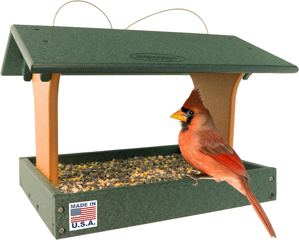 DutchCrafters Plastic Poly Covered Roof Hanging Fly Through Bird Feeder Open Side Platform Seed Tray for Outside Outdoor Garden - Amish American Made in USA (Turf Green & Cedar)