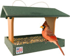 DutchCrafters Plastic Poly Covered Roof Hanging Fly Through Bird Feeder Open Side Platform Seed Tray for Outside Outdoor Garden - Amish American Made in USA (Turf Green & Cedar)