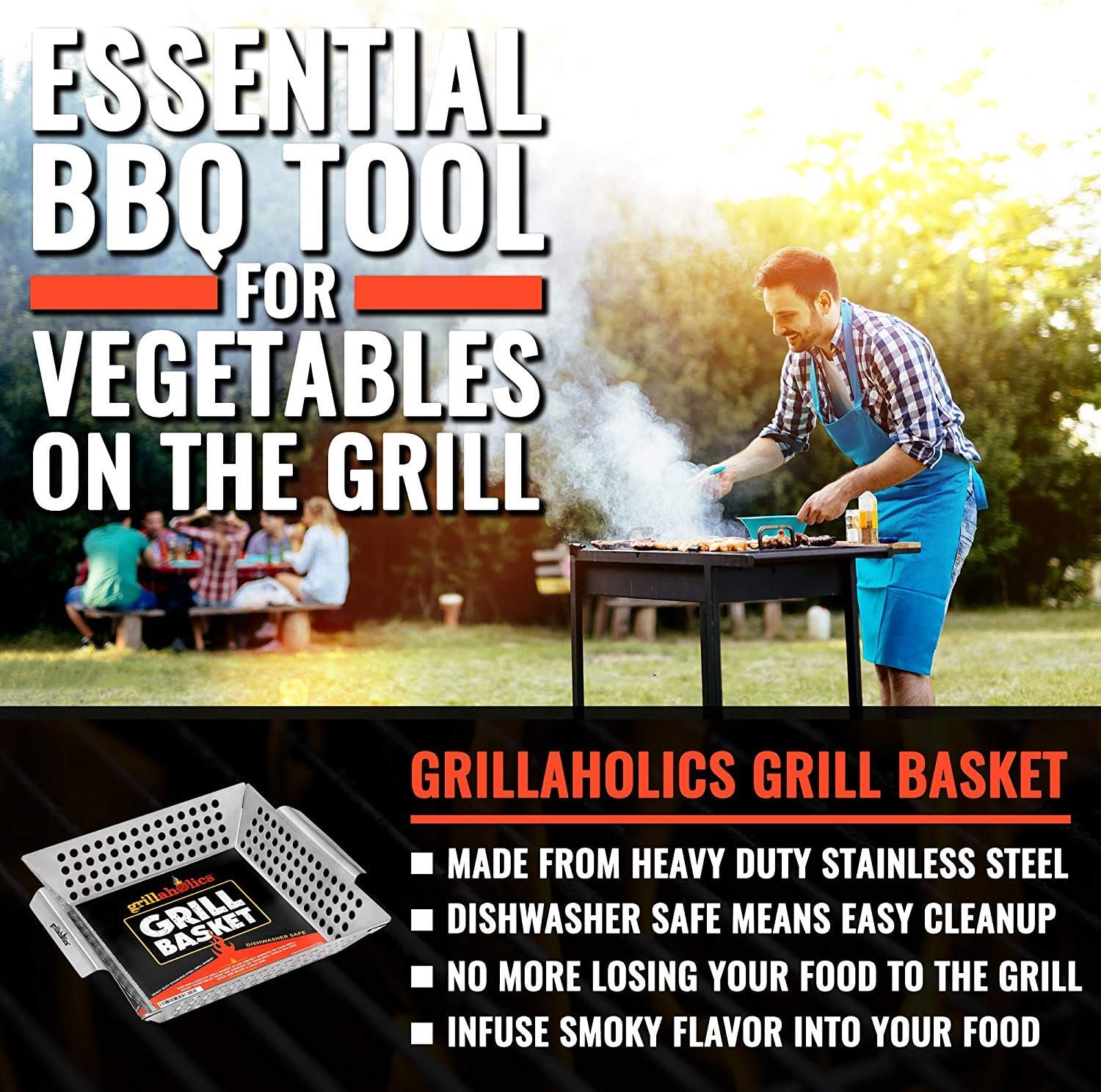 Grill Basket for Outdoor Grill - Durable Premium Stainless Steel Vegetable Grill Basket - XL Family Size BBQ Grill Basket - Perfect Grilling Accessories for Veggies, Fish, Shrimp & Kebabs | Family-Sized | Dishwasher Safe | Stainless Steel | Includes
