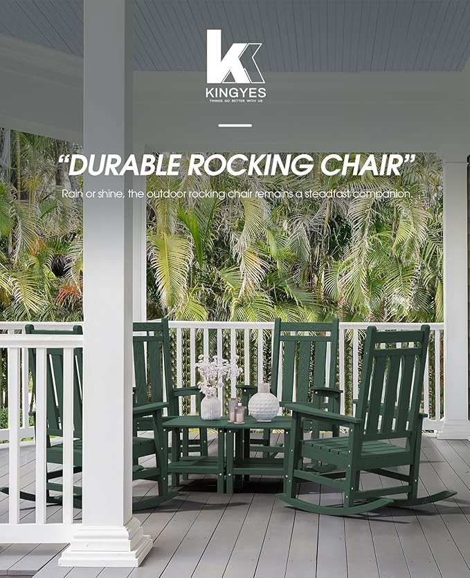 KINGYES Oversized Outdoor Rocking Chair, All-Weather Patio Rocking Chairs for Porch, HDPE Outdoor Patio Rockers with High Back & Wide Seat for Garden, Lawn, Green