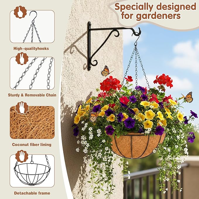 14 inch Metal Hanging Baskets For Plants Outdoor 4 Pack Round Metal Wire Hanging Basket Planter with Coco Fiber Liners Chain Round Wire Plant Holder for Garden, Patio, Deck, Porch Plants Flower Potss