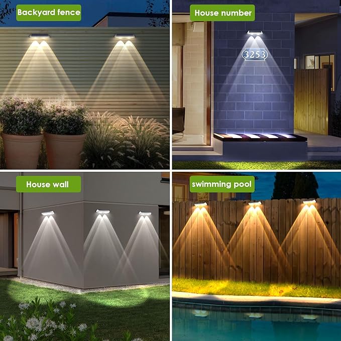 2 Pack Solar Fence Lights - 2PK Solar Outdoor Light Warm White/Daylight White/Cold White 3 Mode Deck Lights for Outside, Deck Fences, Stair Railings, Pools and Walls