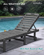 SERWALL Outdoor Chaise Lounge Chair, HDPE Patio Lounge Chair with Cup Holder, 5 Positions Adjustable Poly Lounger with Rolling Wheels for Poolside, Deck, Sunbathing, Grey