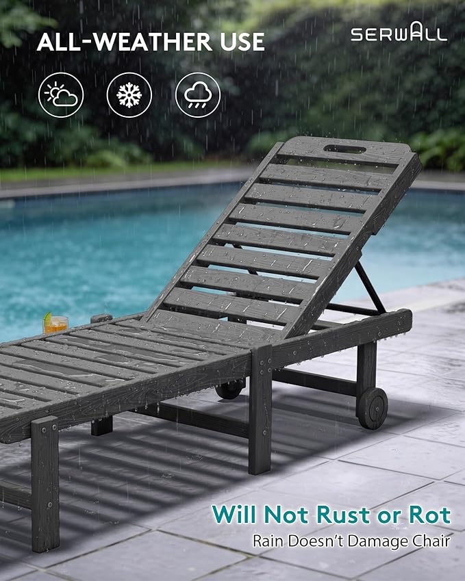 SERWALL Outdoor Chaise Lounge Chair, HDPE Patio Lounge Chair with Cup Holder, 5 Positions Adjustable Poly Lounger with Rolling Wheels for Poolside, Deck, Sunbathing, Grey