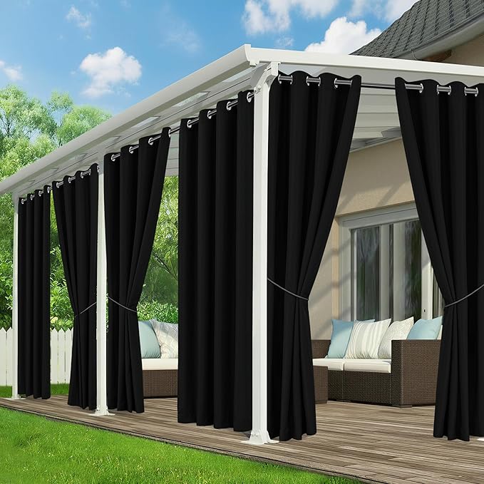 Black Outdoor Curtains for Patio Waterproof - 6 Panels Privacy Weatherproof Outside Curtains with Grommets for Pergola, Gazebo, Porch, Cabana, Balcony, 54 x 120 Inch